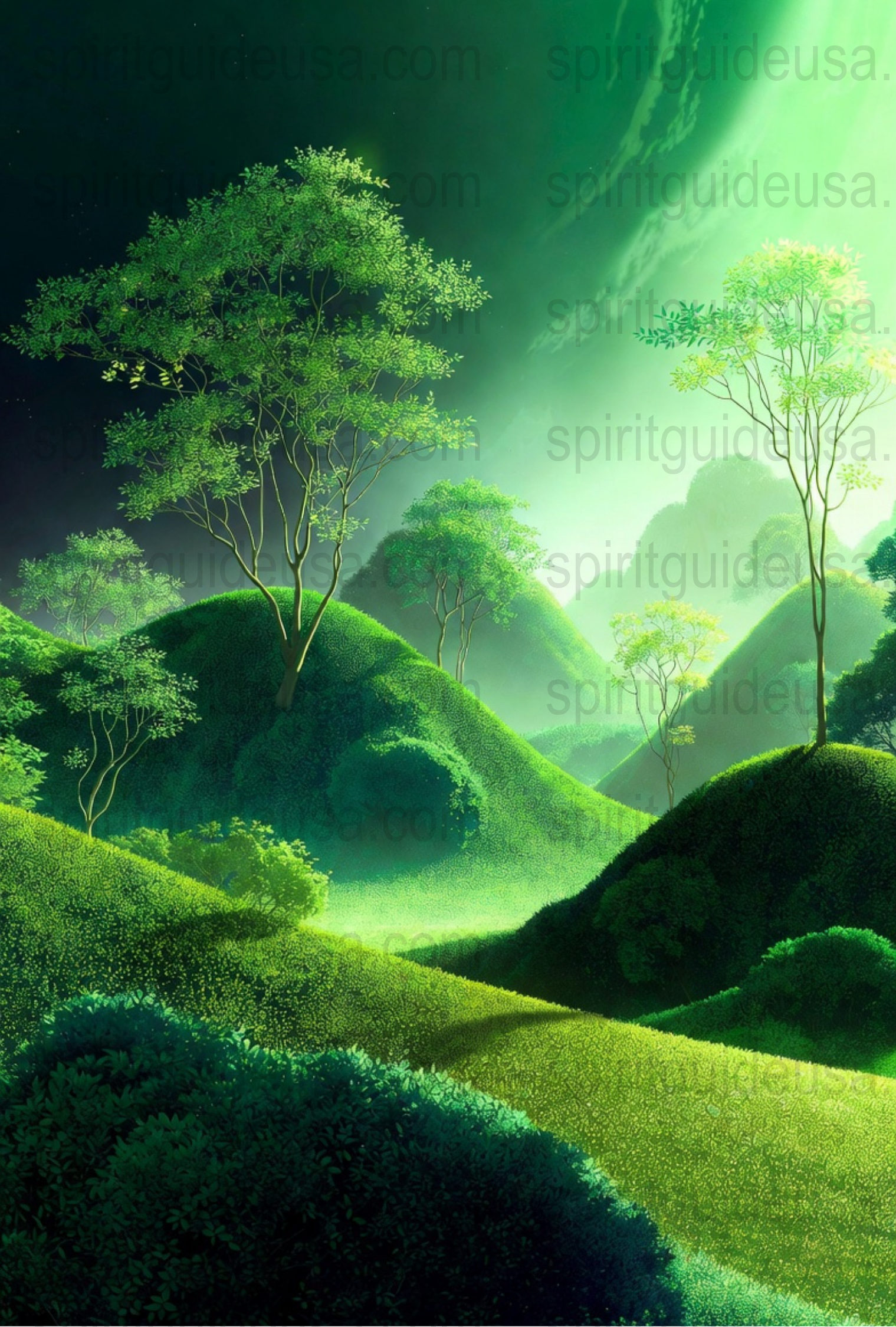 Enchanted Forest Green Landscape Wall Art Print, Mystical Nature Decor, Serene Home Decoration, Vibrant Tree Poster