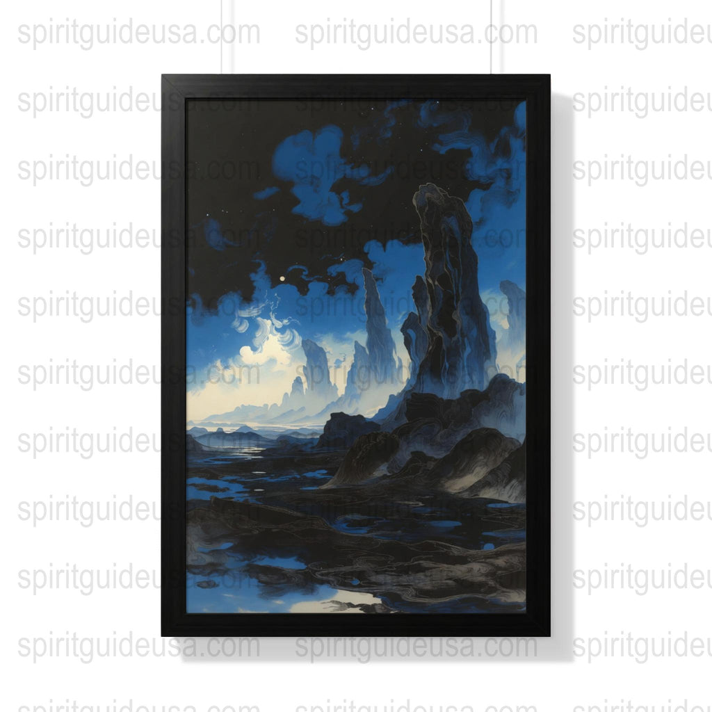 Mystical Ocean Landscape Art Print, Moonlit Sea and Rocks, Blue Night Sky Wall Decor, Framed Nature Scene