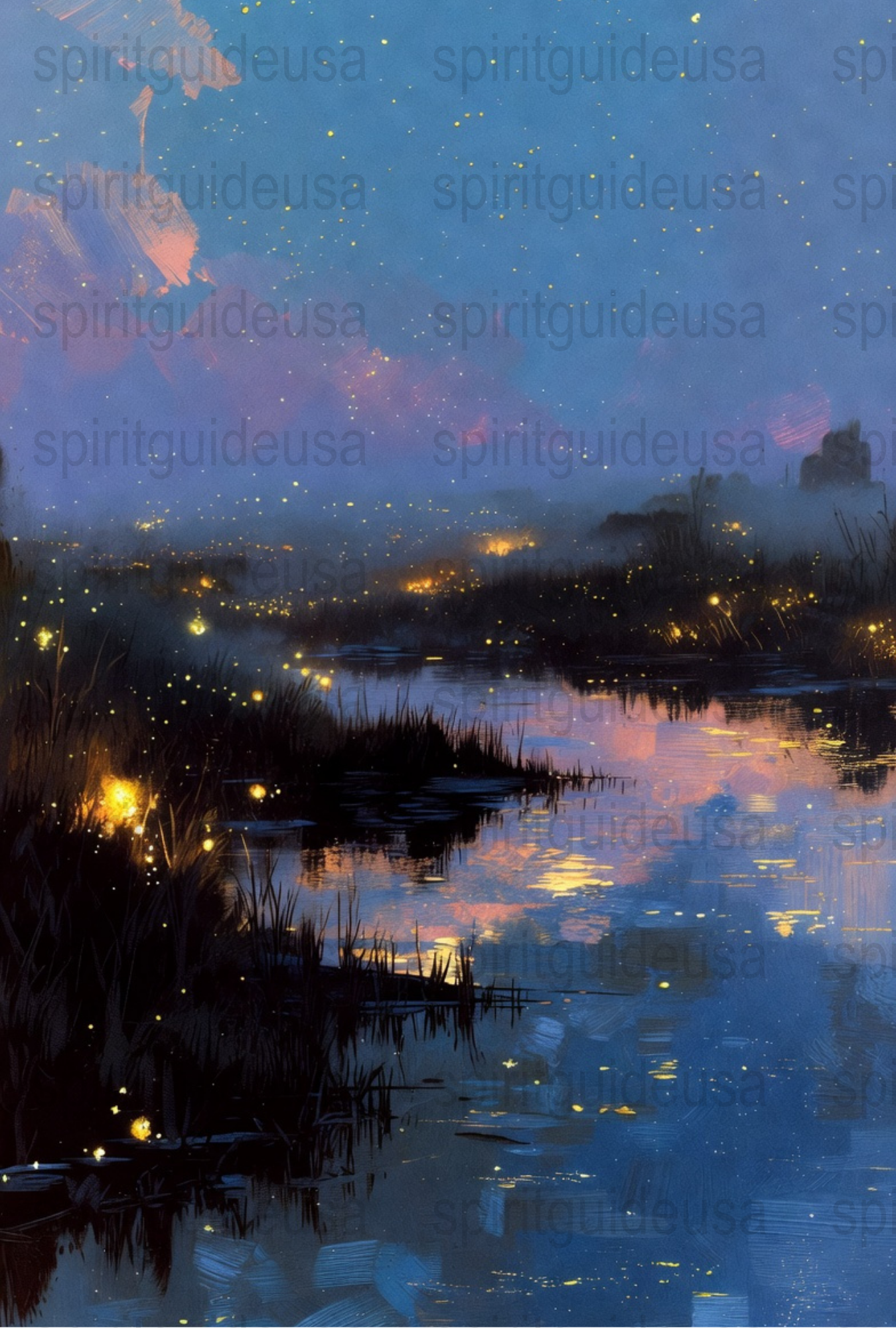 Twilight Marsh Landscape Art Print, Blue and Gold Serene Nature Wall Decor, Peaceful Scenery Painting