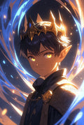 Fantasy Elf Prince Art Print, Mystical Golden Crown, Magical Blue Aura, Anime Style Wall Decor, Enchanted Character Poster