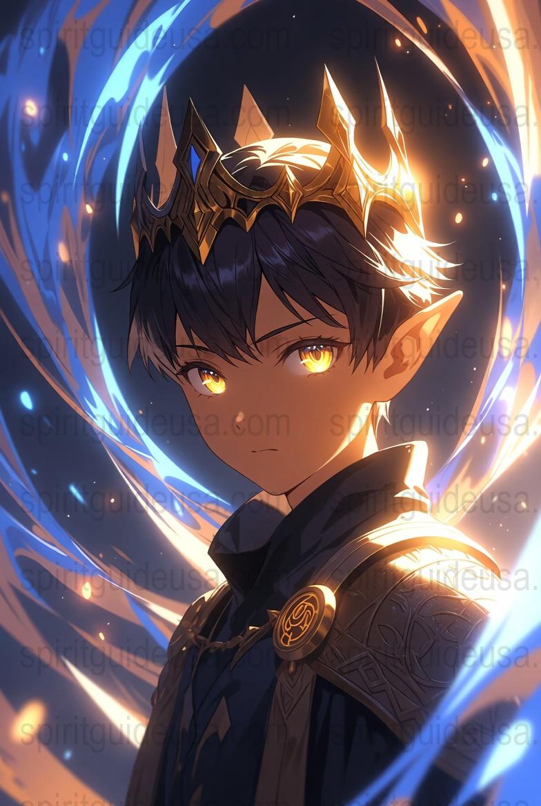 Fantasy Elf Prince Art Print, Mystical Golden Crown, Magical Blue Aura, Anime Style Wall Decor, Enchanted Character Poster