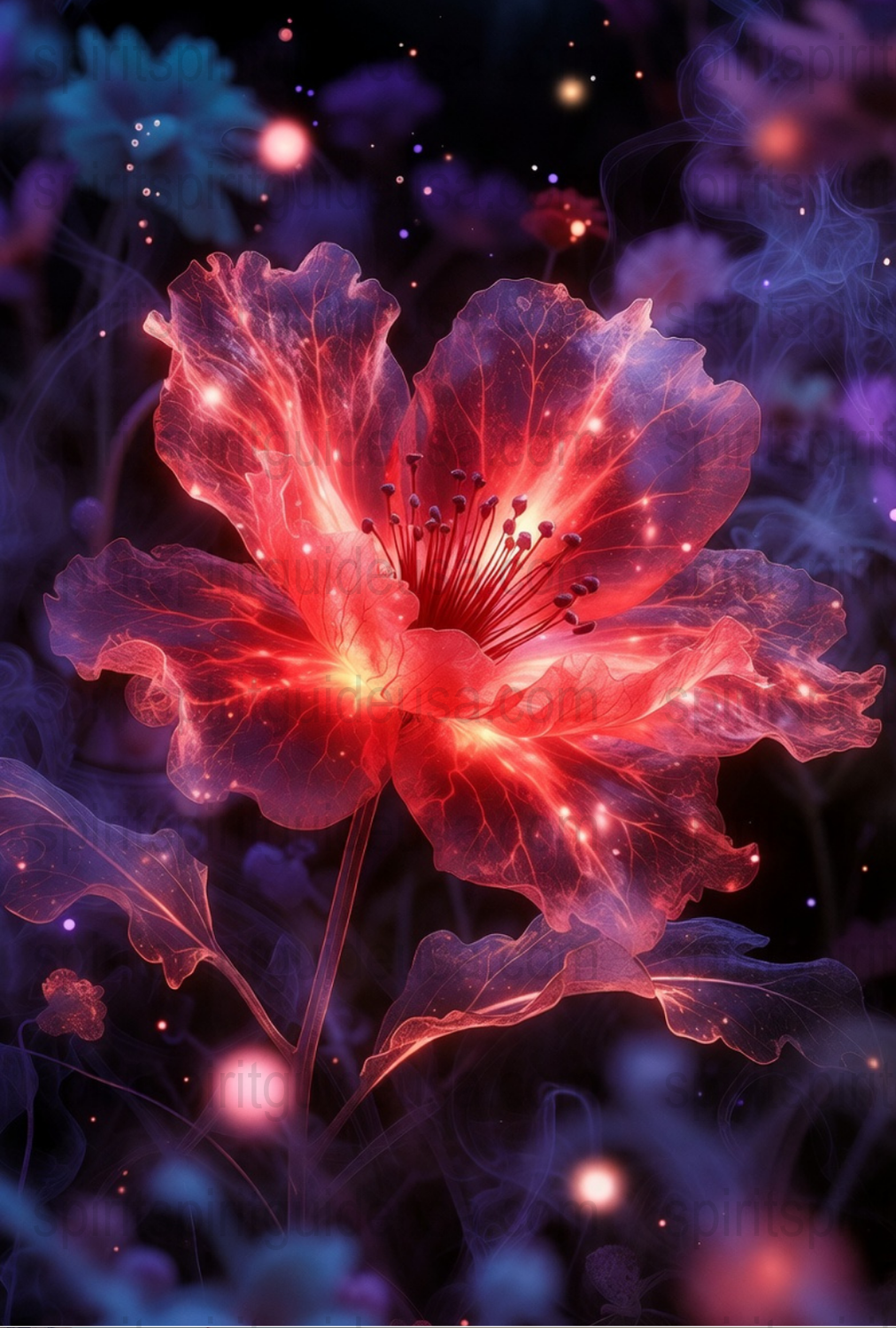 Vibrant Red Floral Art Print, Abstract Flower Wall Decor, Glowing Garden Poster, Fantasy Botanical Illustration, Home Decoration