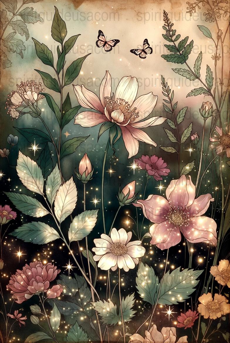 Enchanted Garden Art Print, Vintage Floral Illustration with Butterflies, Dreamy Botanical Poster, Fairy Tale Home Decor Wall Art