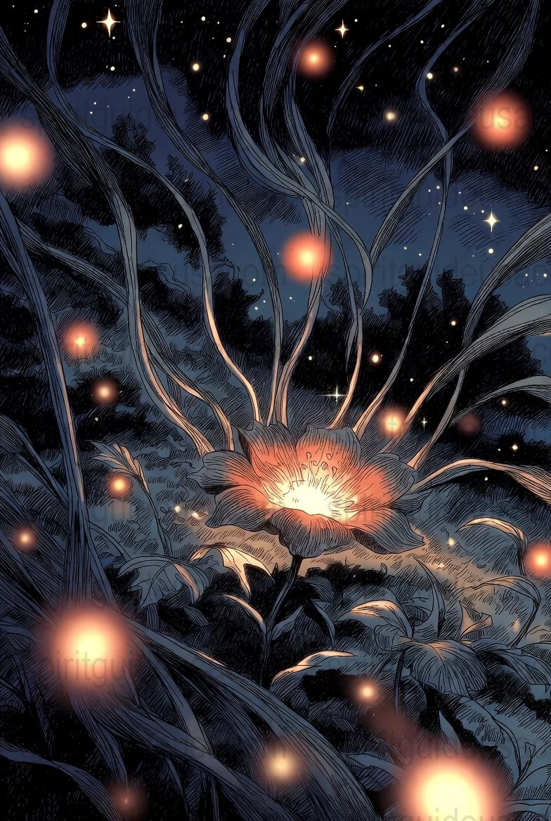 Mystical Night Garden Art Print, Enchanted Floral Starry Sky Illustration, Fantasy Nature Wall Decor, Magical Flower Poster