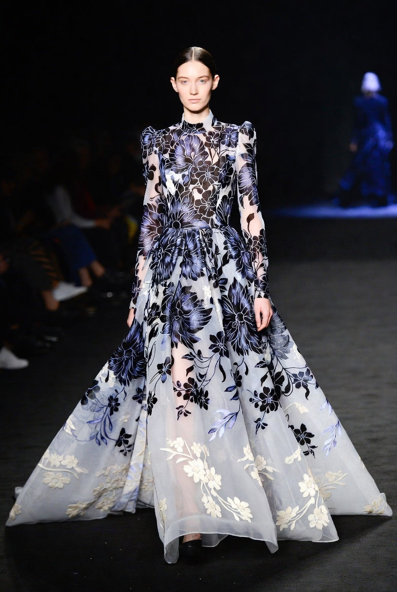 Elegant Floral Evening Gown, Designer Inspired Blue and Black Dress with Sheer Overlay, Formal Wear