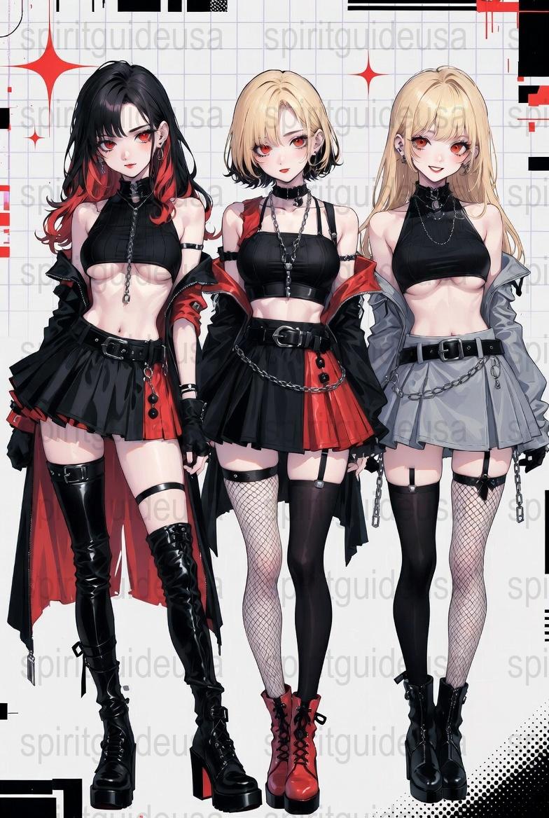 Anime Style Fashion Art Print, Gothic Girls Trio, Red and Black Outfits, Trendy Wall Decor, Manga Inspired Poster