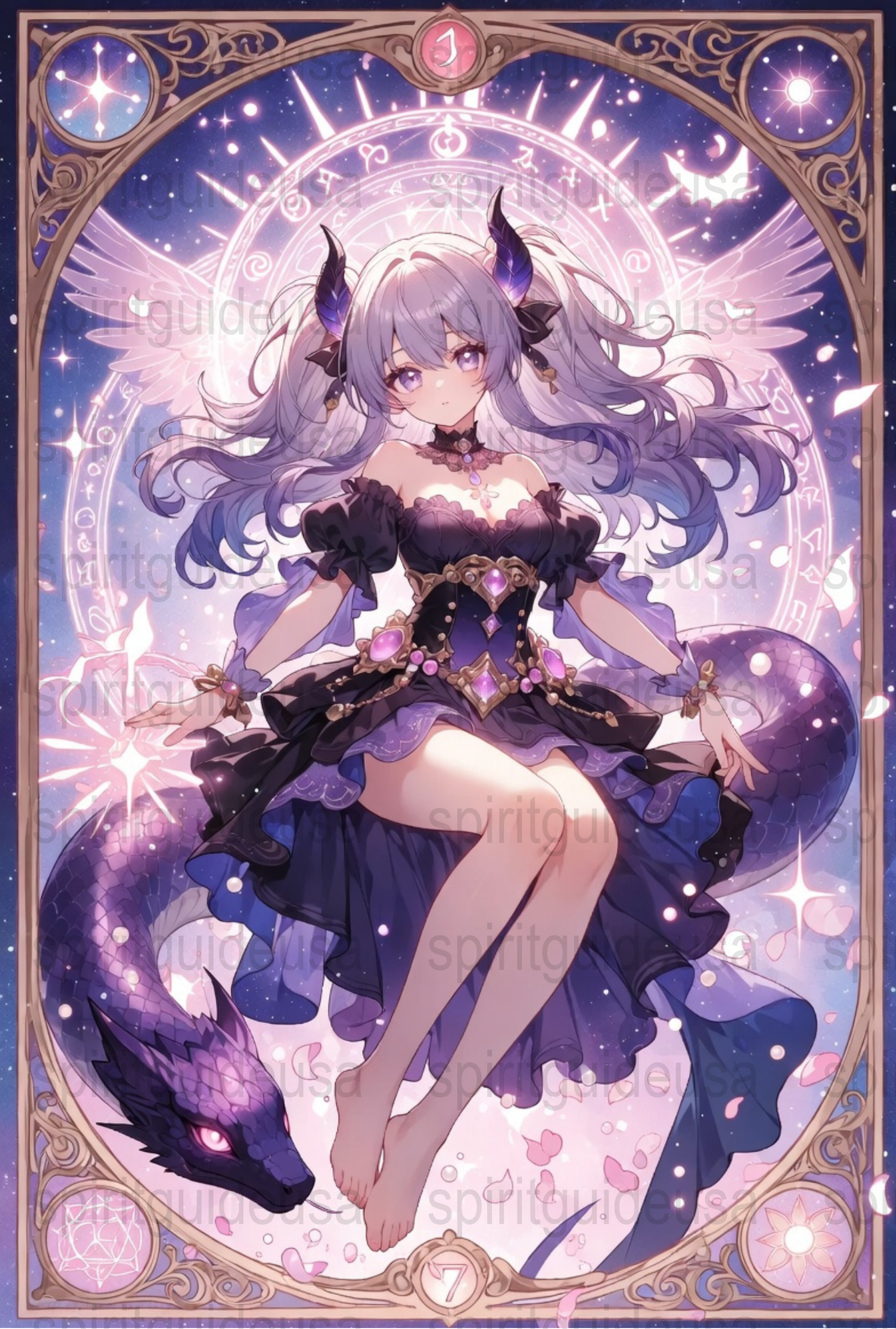 Anime Fantasy Art Print, Magical Girl with Wolf, Celestial Tarot Card Design, Mystical Decor