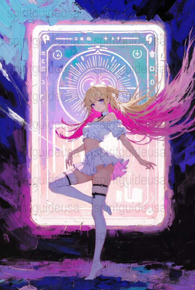 Anime Girl Art Print, Vibrant Sci-Fi Poster, Magical Cyber World Illustration, Fantasy Wall Decor