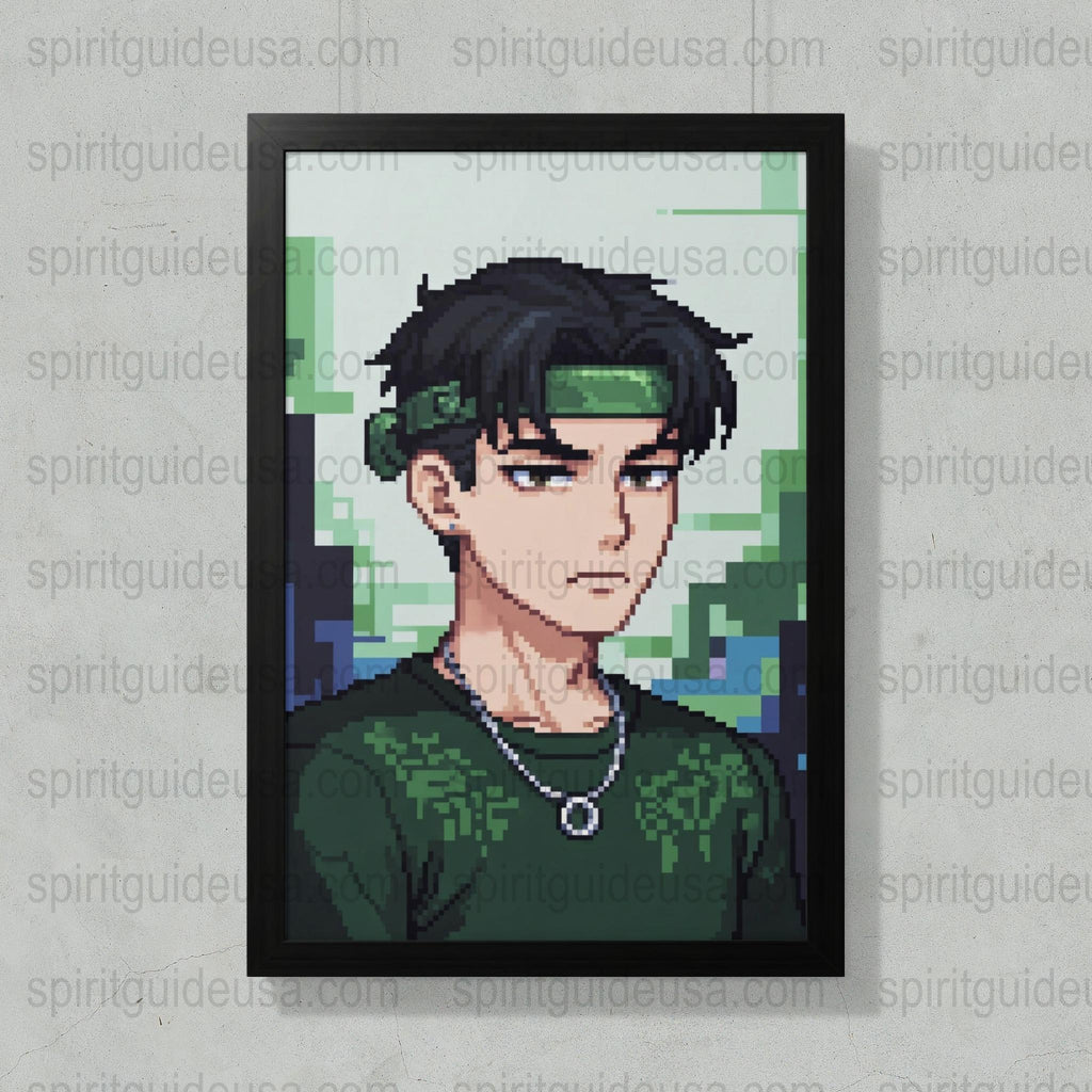 Pixel Art Portrait Framed Print, Retro Video Game Style, Anime Inspired Character, Collectible Wall Art for Gamers