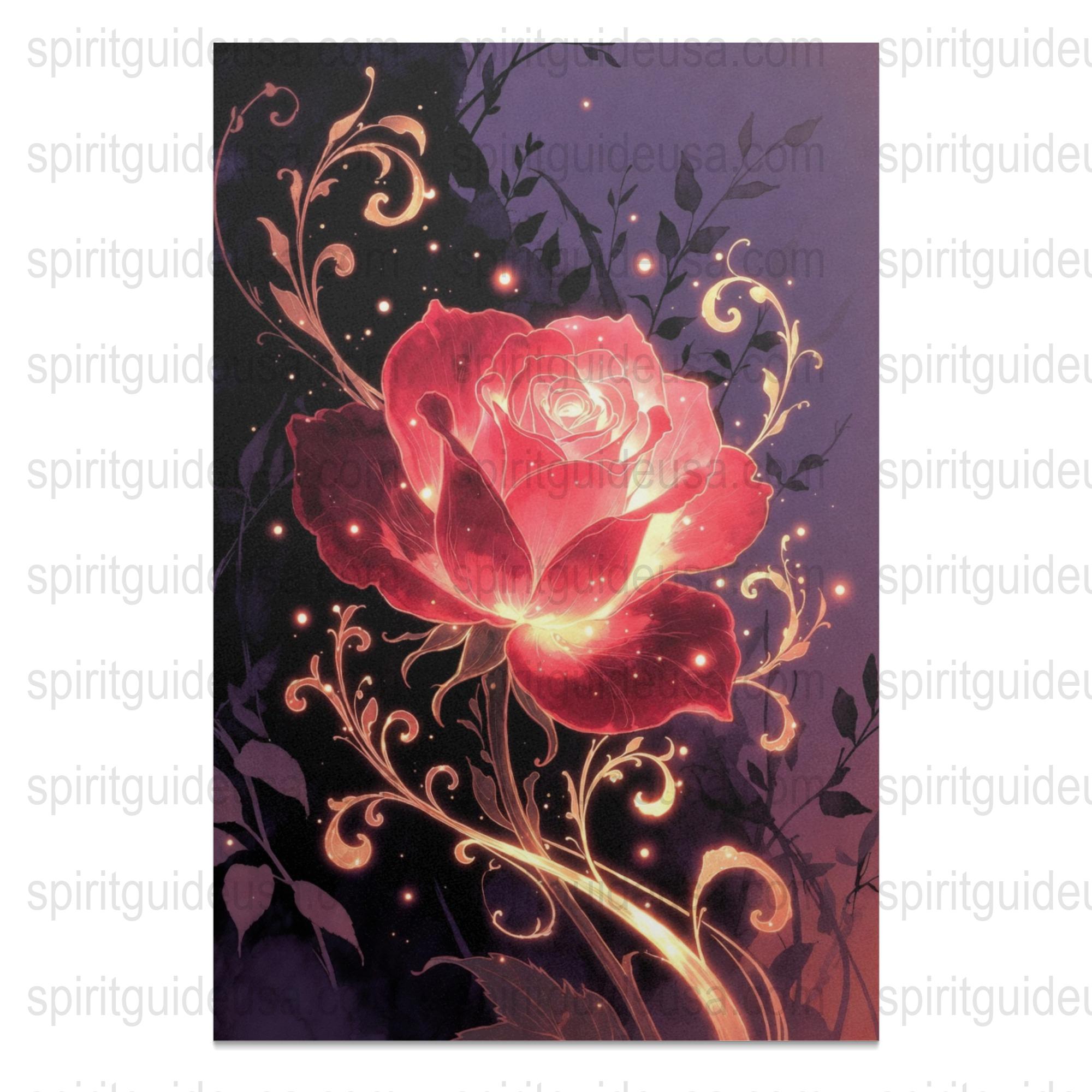 Luminous Red Rose Art Print, Floral Wall Decor, Glowing Flower Poster, Botanical Illustration, Dark Elegant Home Decor, Gift Idea