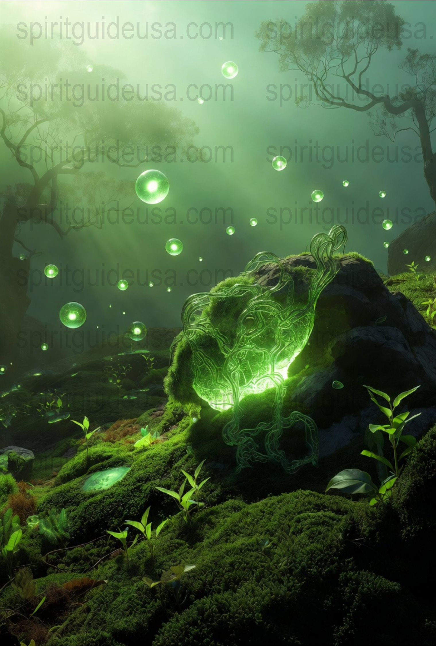 Mystical Forest Spirit Poster, Enchanted Woods Wall Art, Fantasy Green Light Decor, Magical Nature Print, Ethereal Home Decoration