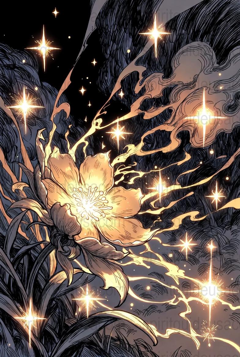 Celestial Night Sky Art Print, Starry Floral Illustration, Mystical Dark Wall Decor, Moonlit Garden Poster, Unique Home Decoration