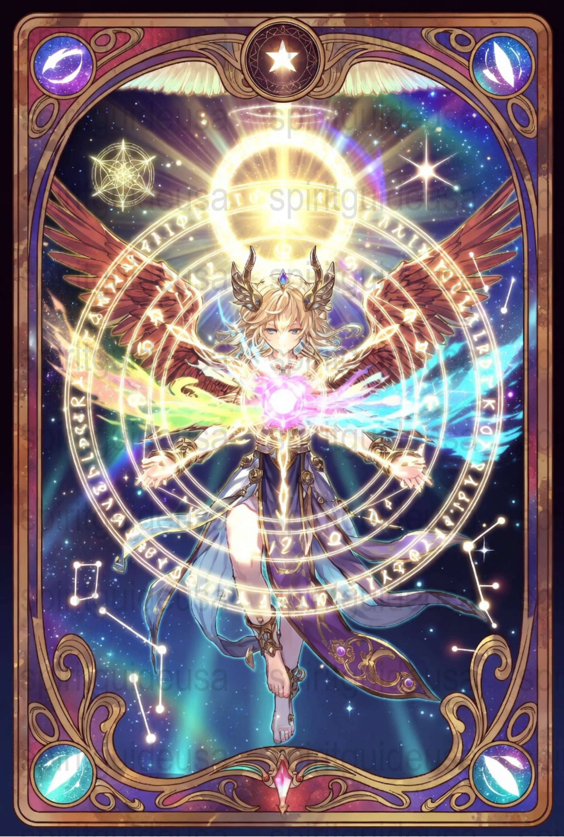 Mystical Angel Art Poster, Celestial Magic Theme, Vibrant Color Wall Decor, Fantasy Illustration, Spiritual Home Decoration