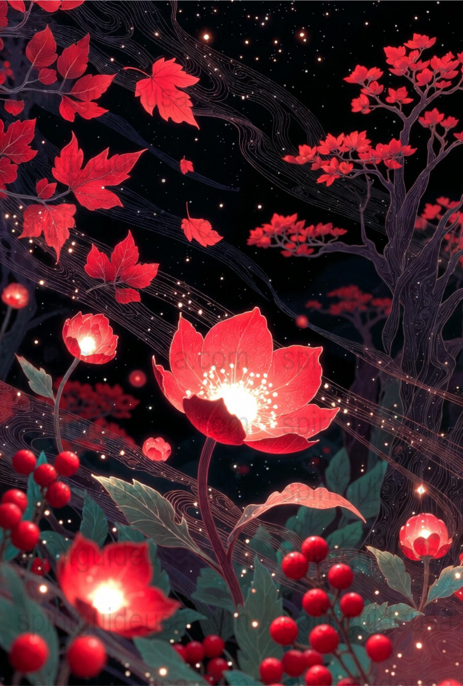 Enchanted Forest Night Light-Up Canvas Print, Red Glowing Flowers, Mystical Starry Sky Wall Art Decor