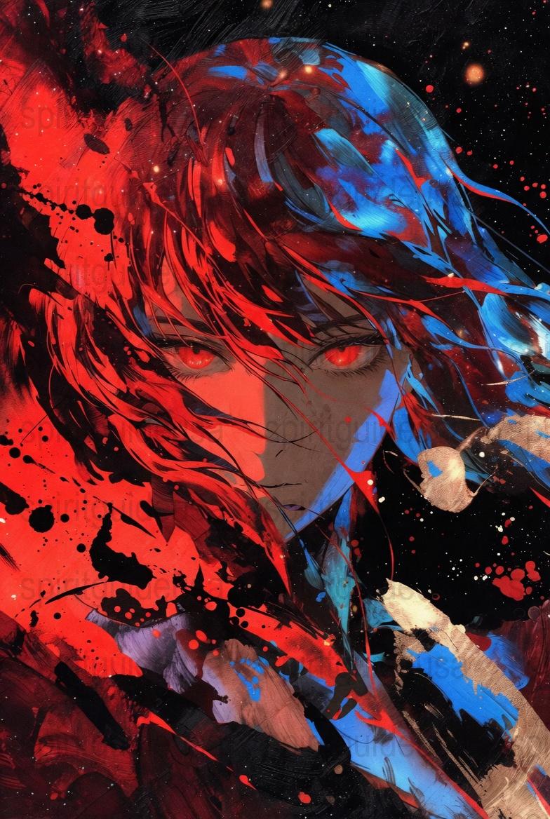Abstract Anime Art Poster, Vibrant Red and Blue, Modern Wall Decor, Japanese Style Artwork, Unique Anime Print, Gift for Fans