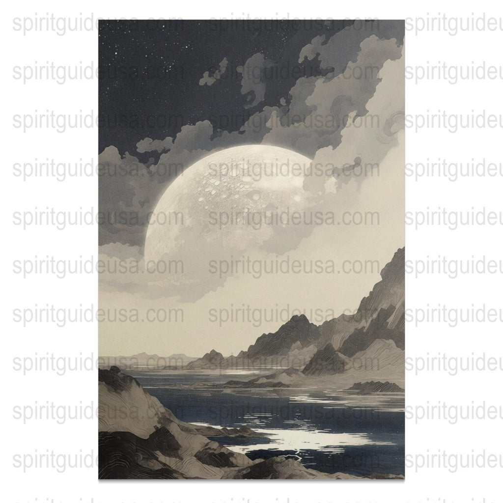 Moonlit Night Landscape Painting, Full Moon Over Mountains, Starry Sky Wall Art Print