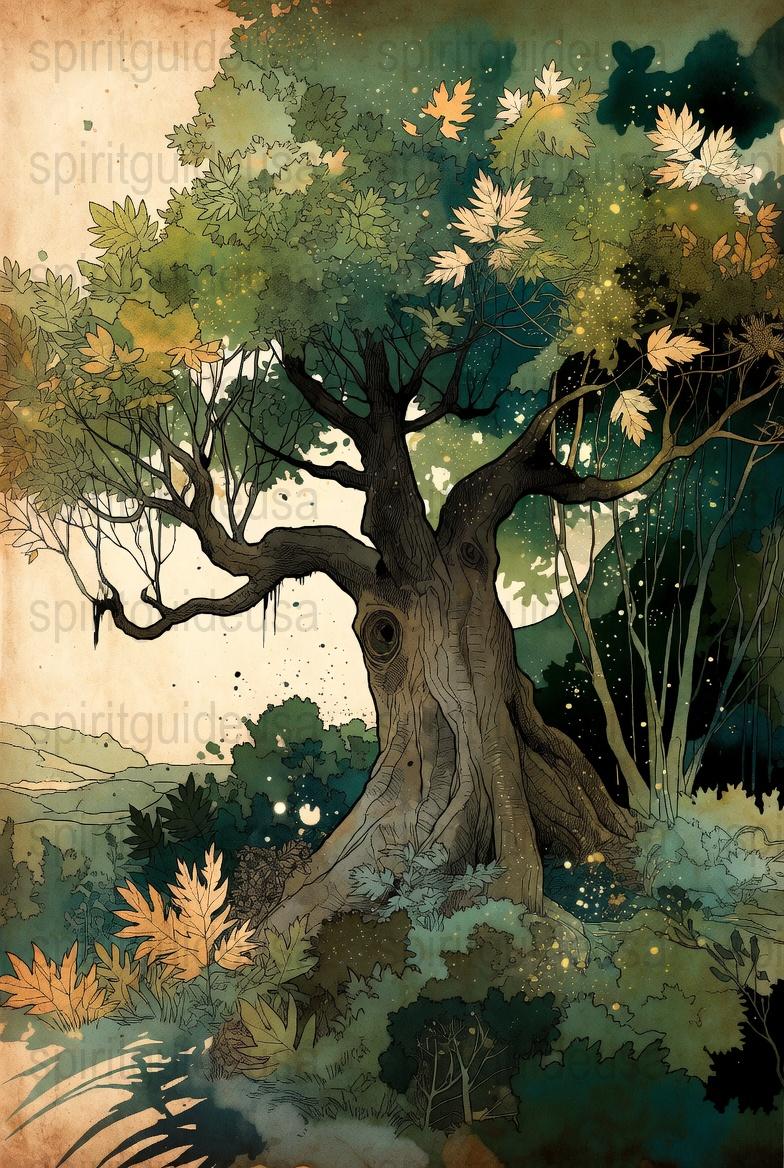 Enchanted Forest Art Print, Mystical Tree Illustration, Fantasy Nature Poster, Autumn Leaves Wall Decor, Unique Home Decoration Item