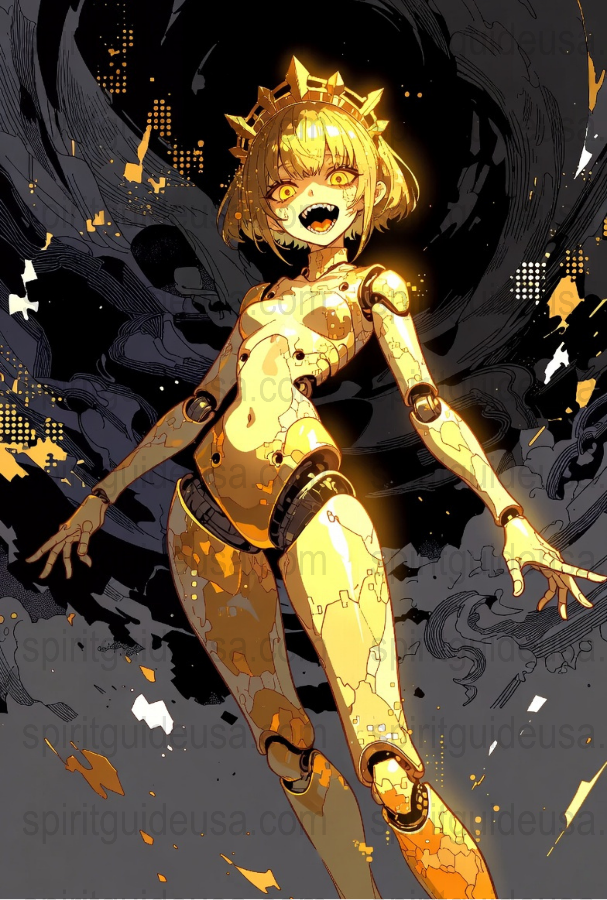 Anime Girl Poster, Vibrant Cosmic Space Art Print, Gold and Black Wall Decor, Unique Fantasy Illustration, Gift for Manga Fans