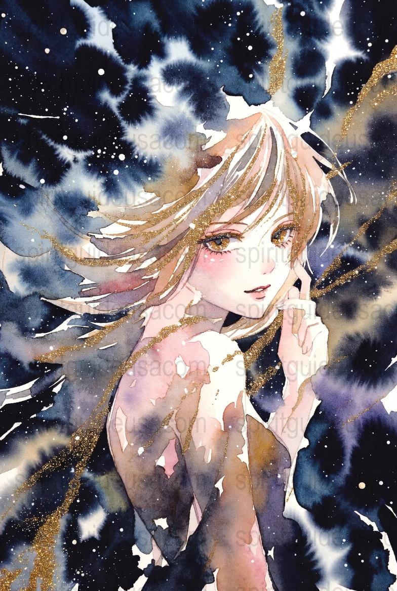 Watercolor Fantasy Girl Painting, Starry Night Sky Art, Cosmic Beauty Home Decor, Celestial Maiden Wall Art, Astral Illustration Print