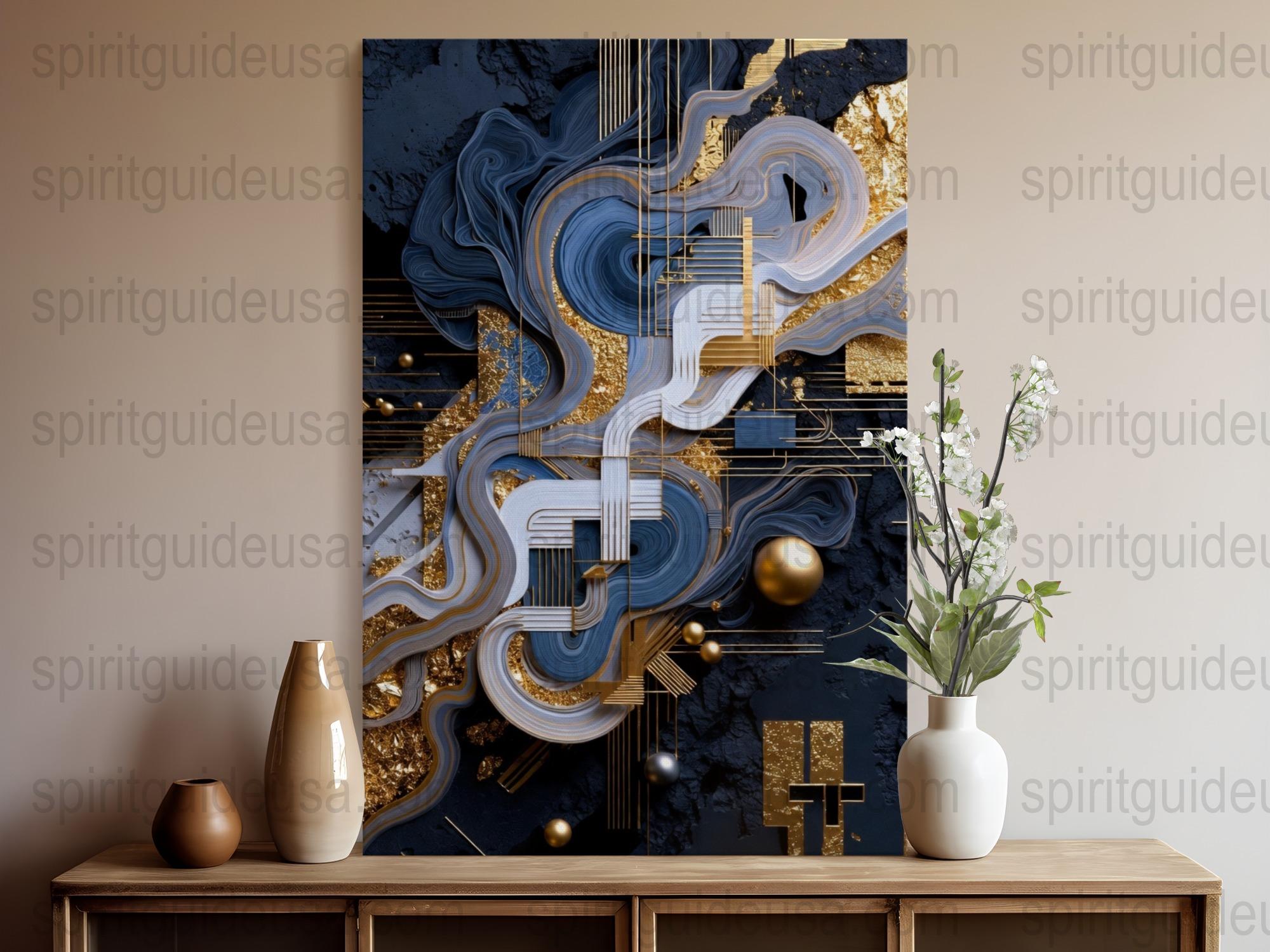 Large Abstract Wall Art Blue and Gold Canvas Print Modern Home Decor Living Room Office Artwork