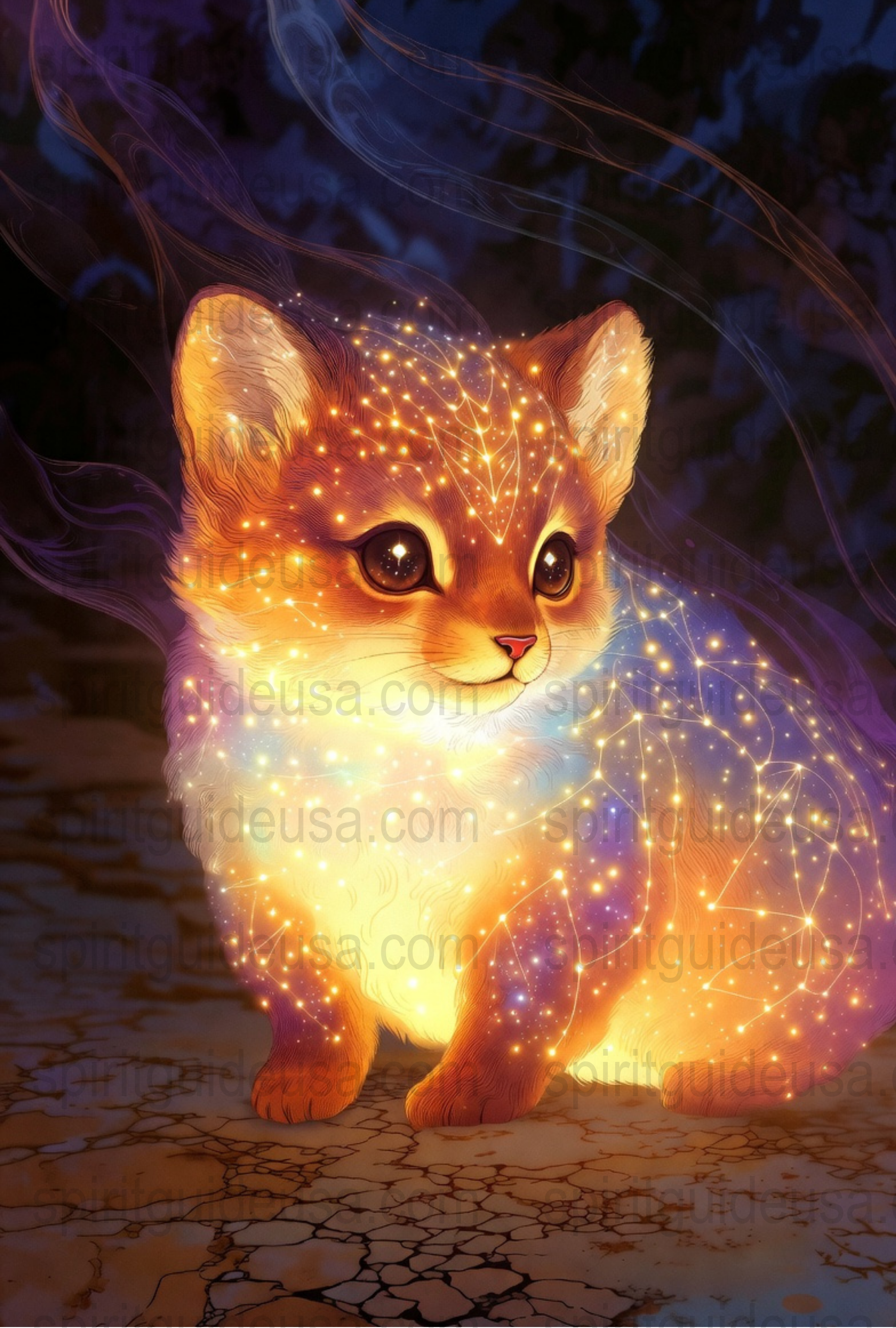 Magical Glowing Cat Art Print, Fantasy Light-Up Kitten Poster, Mystical Animal Wall Decor, Enchanted Forest Nursery Artwork