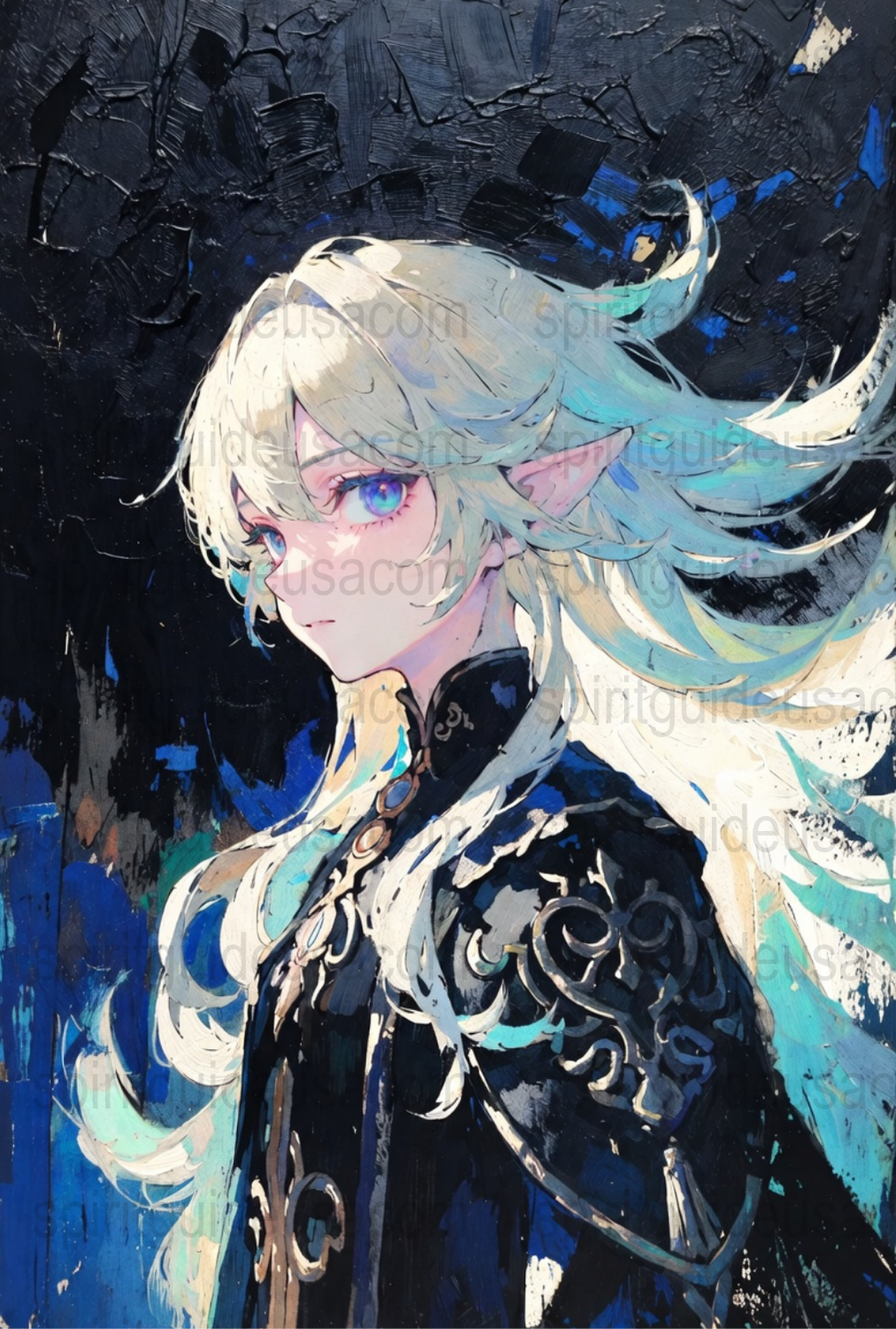 Anime Fantasy Art Print, Elf Warrior with White Hair, Blue Black Background, Decorative Wall Art for Home and Office