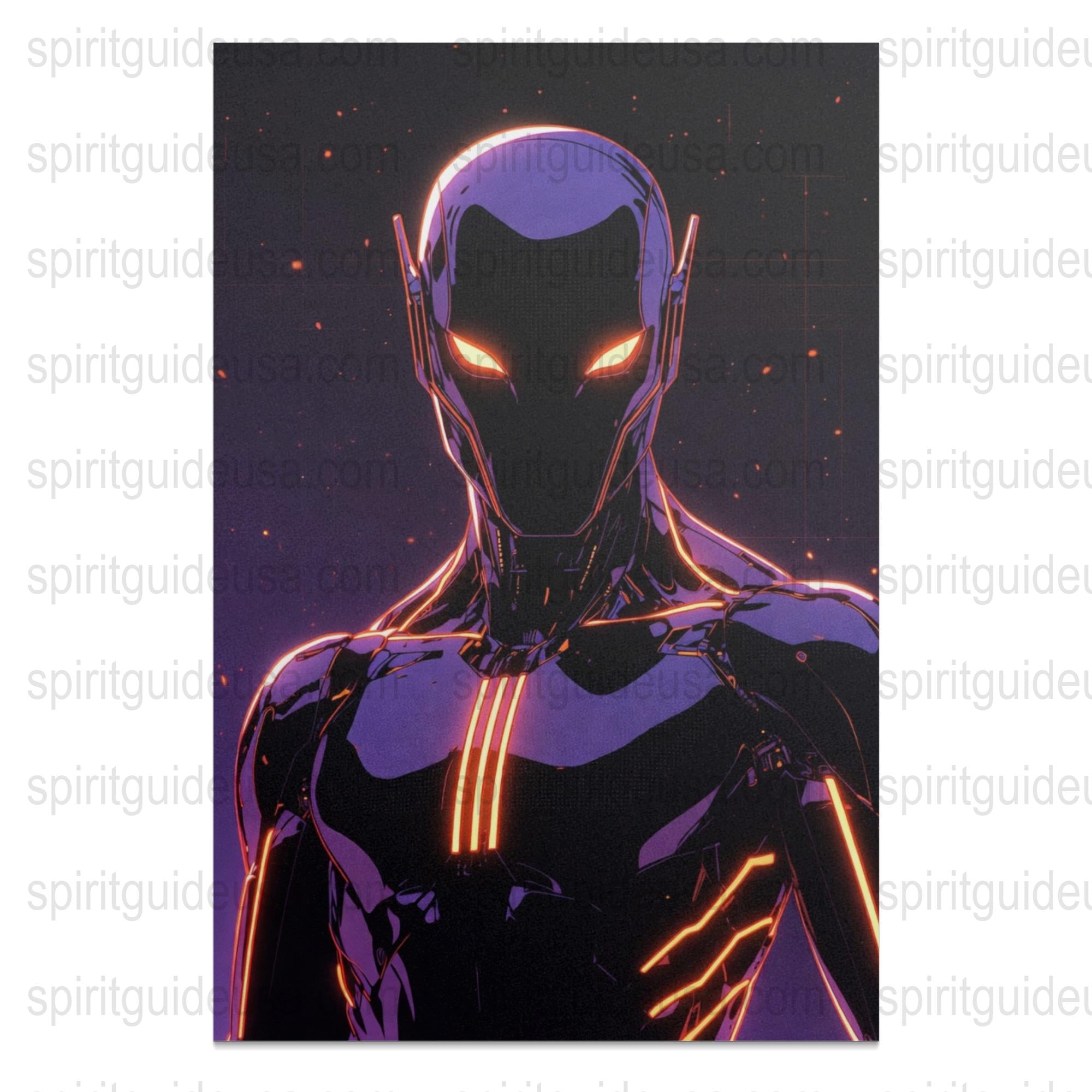 Neon Cyber Warrior Poster, Futuristic Sci-Fi Art Print, Vibrant Wall Decor, Modern Home Decorative Item