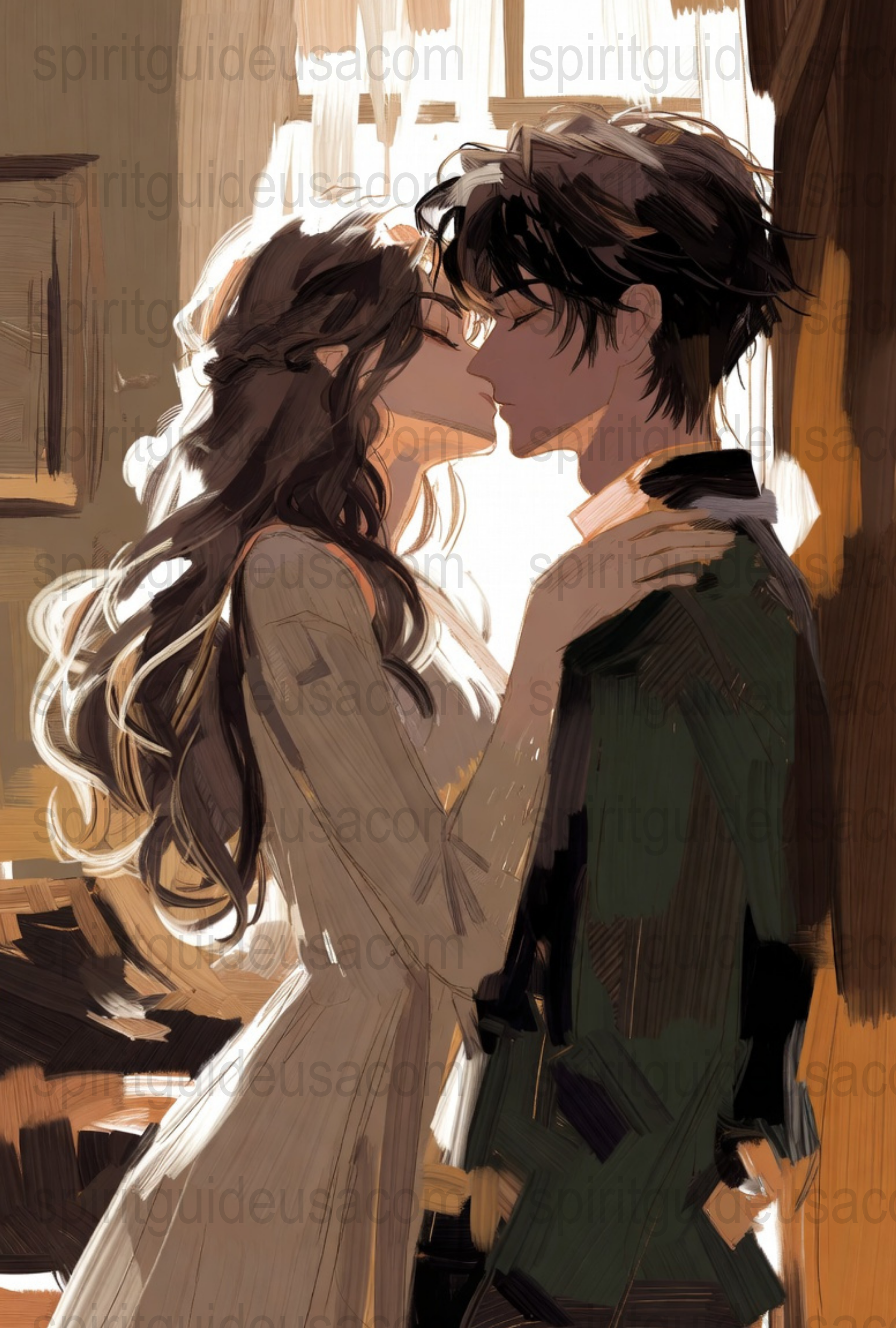 Romantic Anime Art Print, Couple Kissing, Warm Light, Bedroom Wall Decor, Emotional Illustration, Love Gift