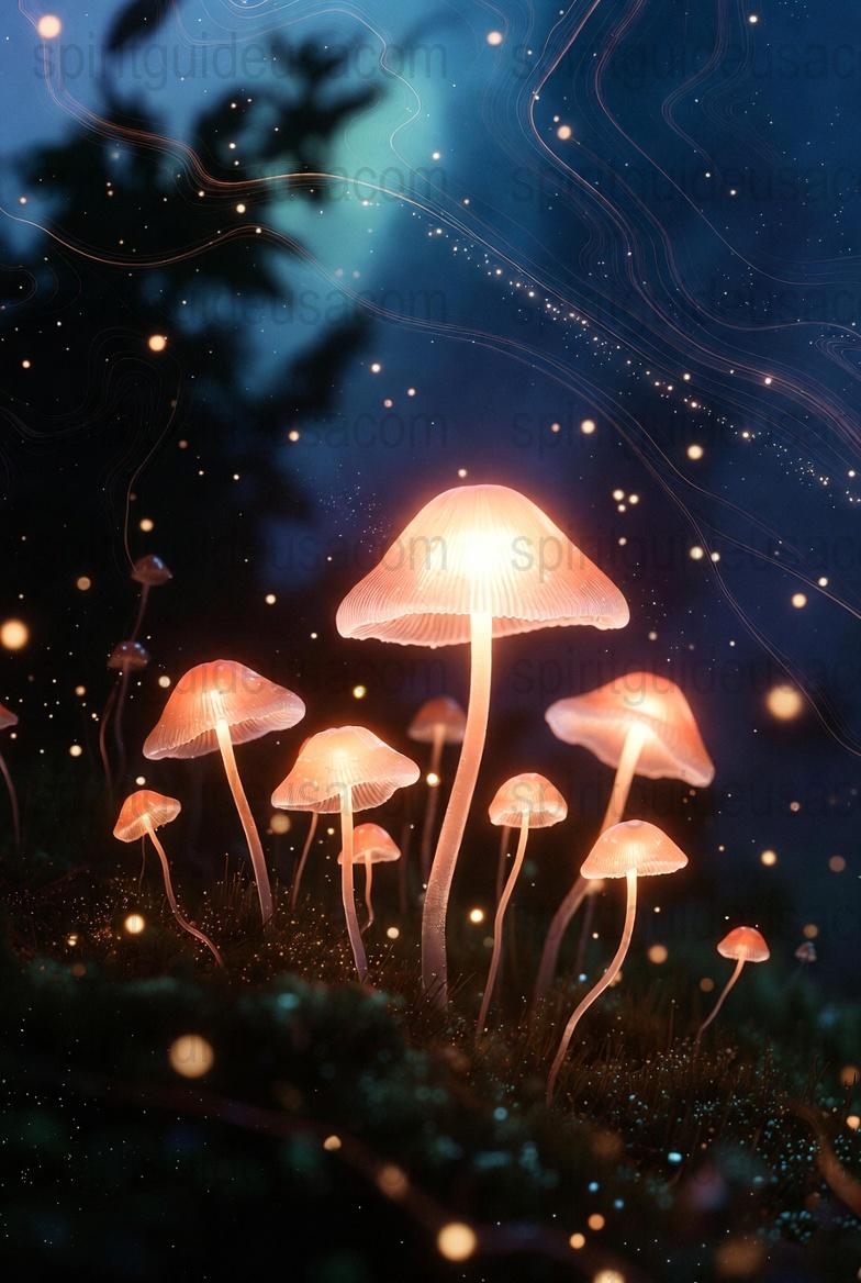 Enchanted Forest Mushroom Night Light Print, Fantasy Wall Art, Magical Glow Decor, Starry Sky Poster