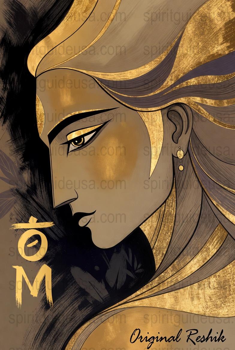 Golden Spiritual Art Print, Hindu Goddess Wall Decor, Om Symbol, Meditation Room Illustration.