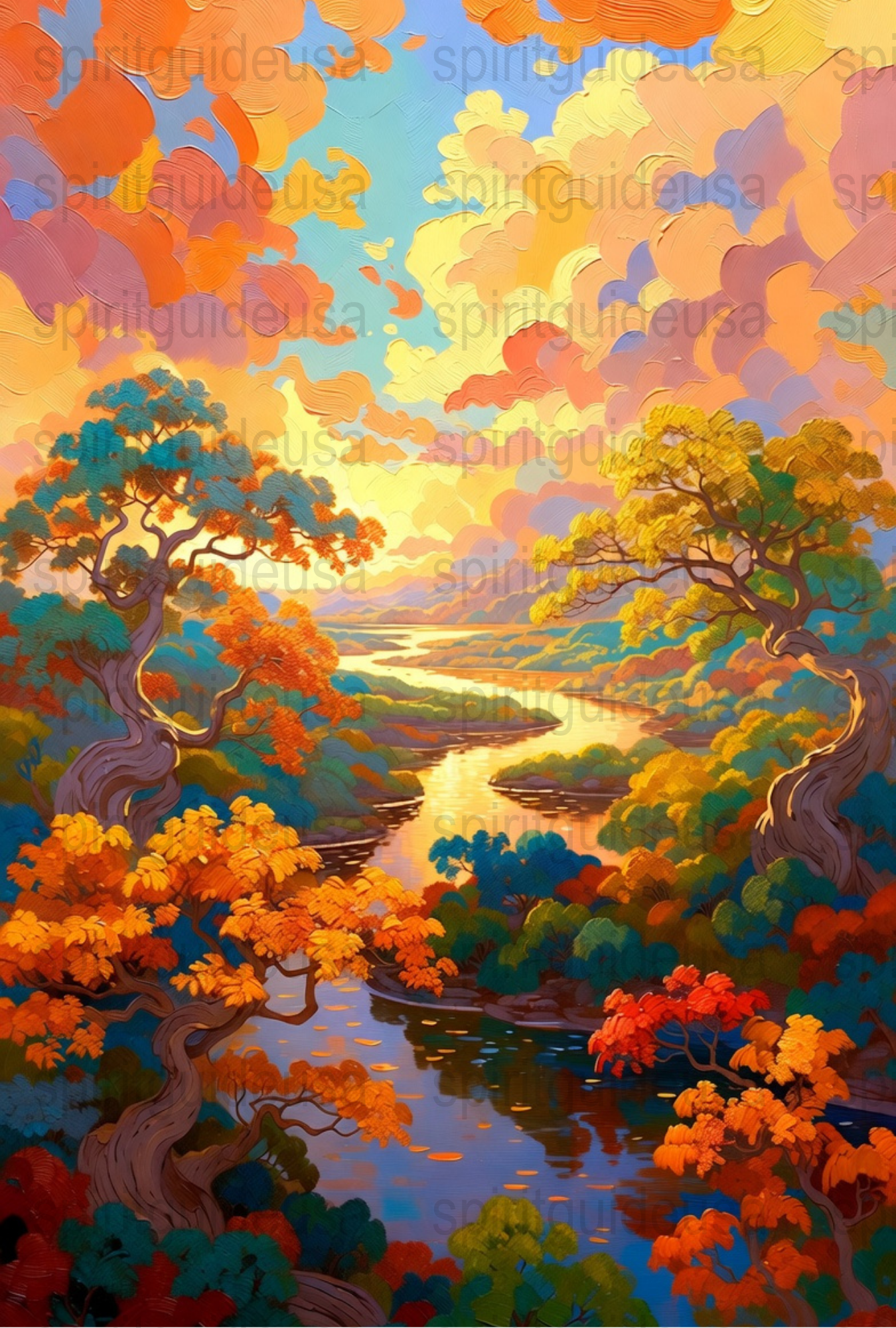 Vibrant Autumn Landscape Painting, Colorful Trees and River, Wall Art Decor, Nature Inspired, Sunset Scenery Canvas Print