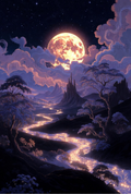 Mystical Night River Landscape Poster, Fantasy Moon Art Print, Dreamy Nature Wall Decor, Enchanted River Valley Artwork