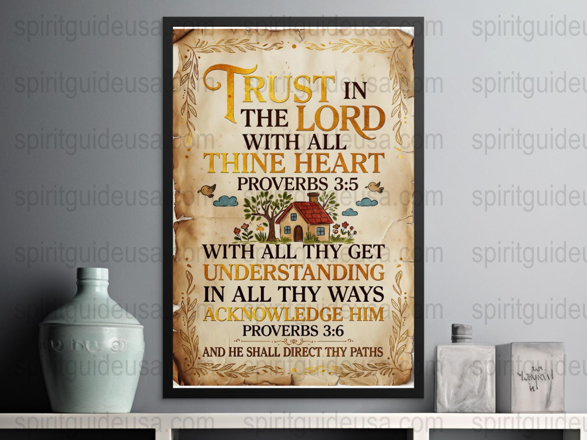 Trust in the Lord Scripture Wall Art, Proverbs 3:5-6 Vintage Style Poster, Religious Home Decor