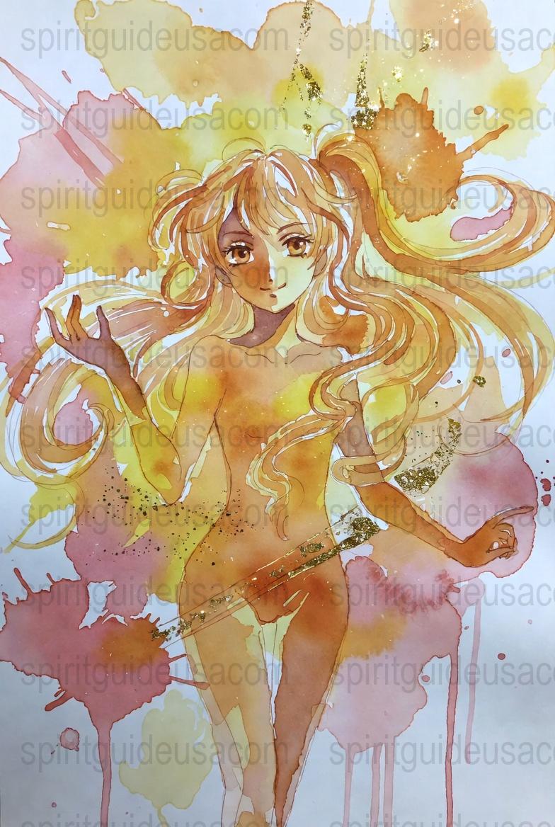 Fantasy Watercolor Art Print, Anime Inspired Golden Girl, Magical Whimsical Decor, Aesthetic Painting, Dreamy Wall Art, Enchanting Poster
