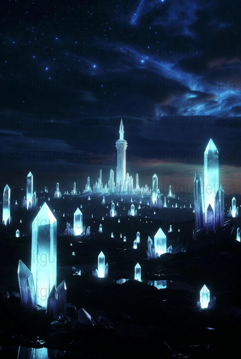 Enchanted Crystal City Night Sky Art Print, Fantasy Landscape Poster, Mystical Tower Starry Sky Wall Decor