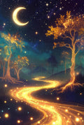 Enchanted Forest Night Sky Art Print, Moon and Stars Wall Decor, Mystical Tree Pathway Poster, Fantasy Landscape Illustration
