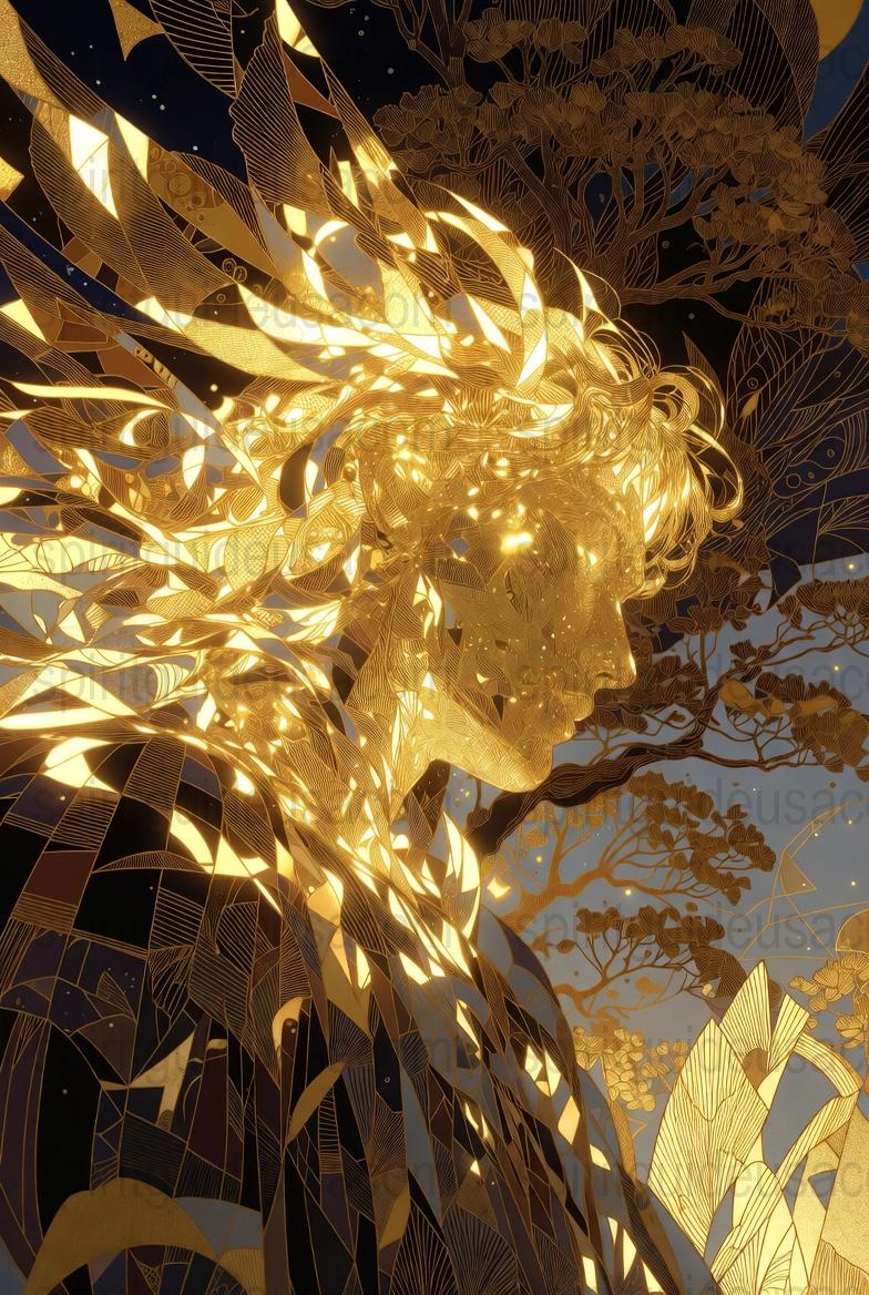 Golden Fantasy Art Print, Ethereal Forest Night, Starry Sky, Mystical Nature-inspired Wall Art Decor