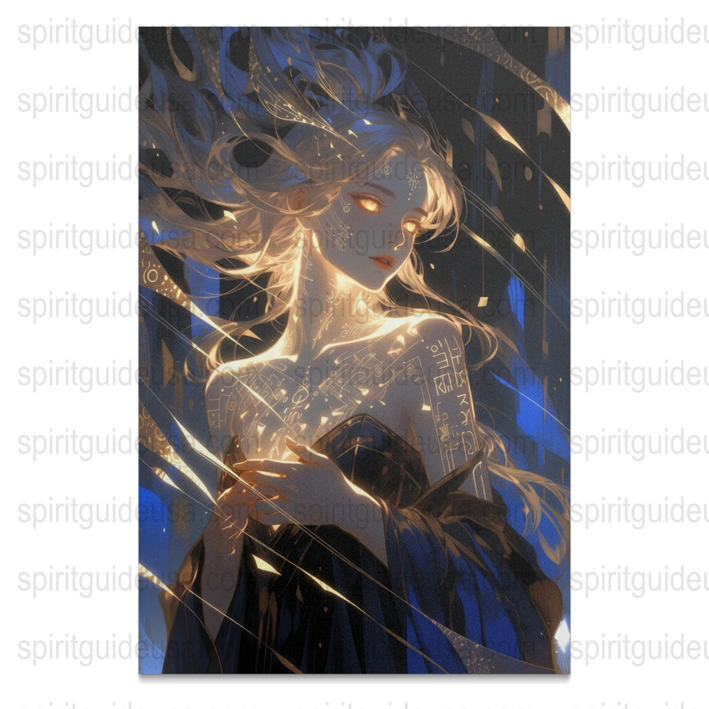 Mystical Anime Art Print, Fantasy Girl with Glowing Rune Symbols, Blue and Black Color Palette, Decorative Wall Art for Bedroom or Studio
