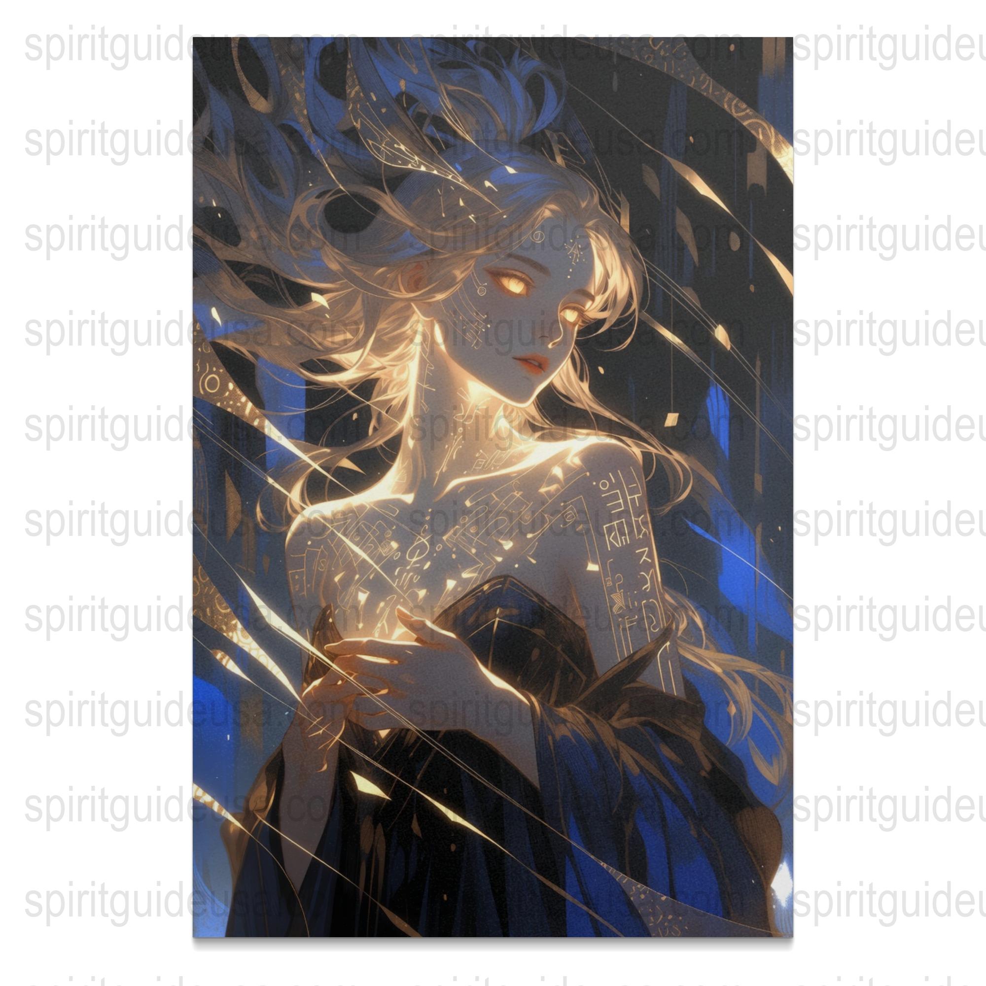 Mystical Anime Art Print, Fantasy Girl with Glowing Rune Symbols, Blue and Black Color Palette, Decorative Wall Art for Bedroom or Studio
