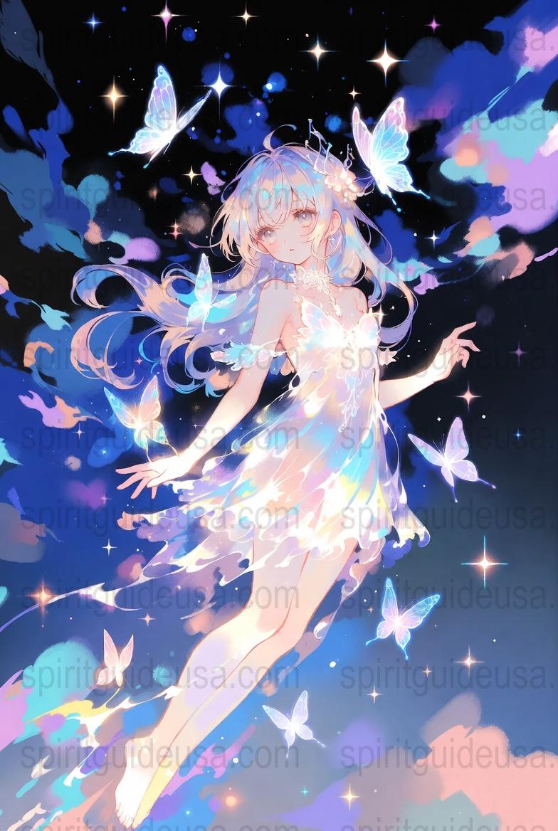 Anime Art Print, Ethereal Girl with Butterflies, Starry Night Sky Poster, Fantasy Wall Decor, Celestial Theme Bedroom Artwork