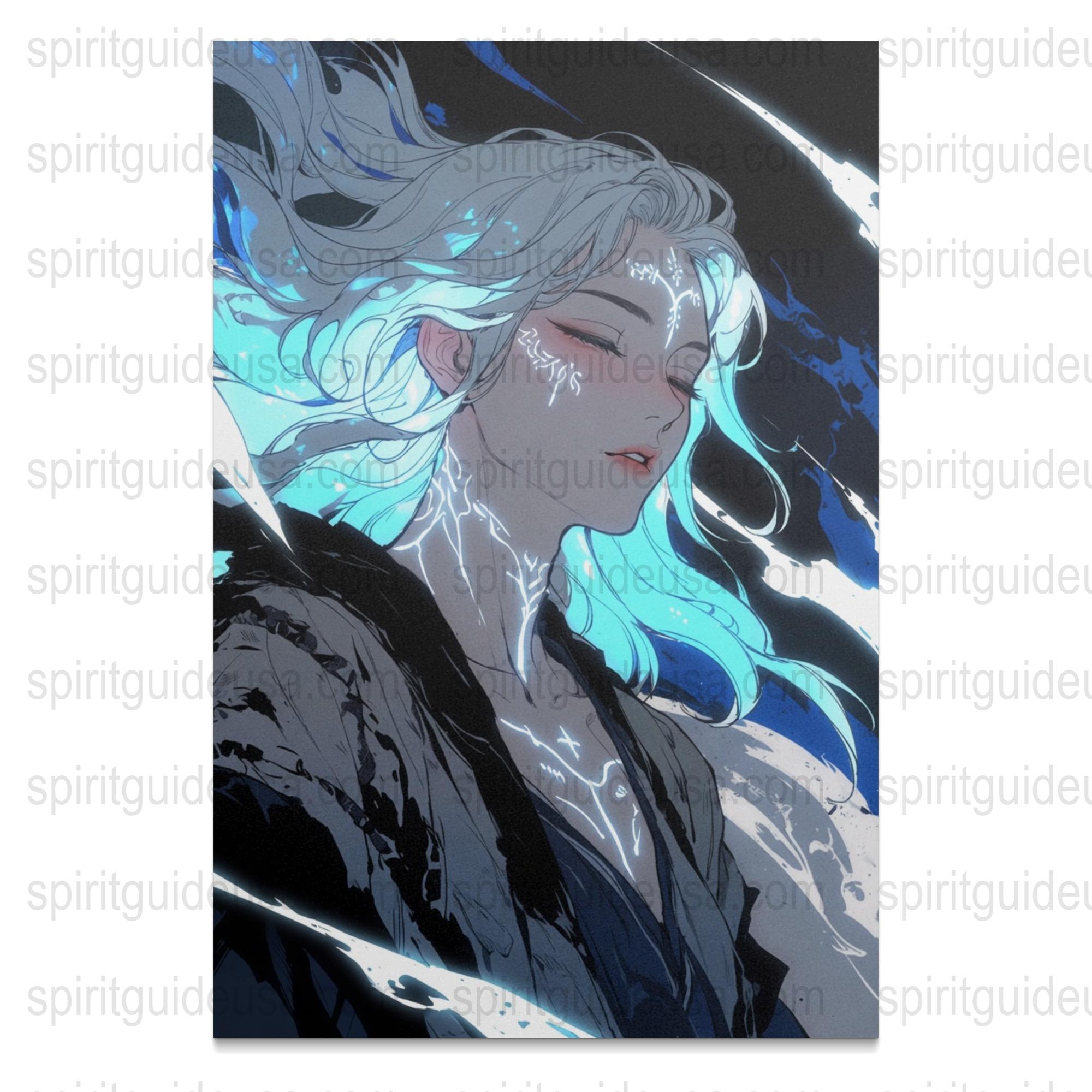 Fantasy Anime Art Print, Cool Blue-Haired Character, Moonlight Poster, Wall Decor for Bedroom, Unique Digital Illustration