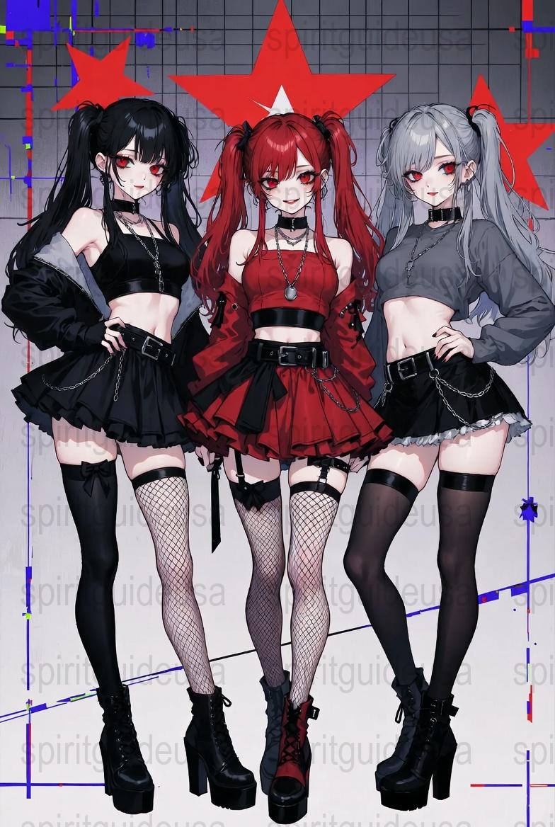 Anime Style Inspired Art Print, Gothic Fashion Girls, Red and Black Wall Decor, Unique Gift Idea for Anime Lovers