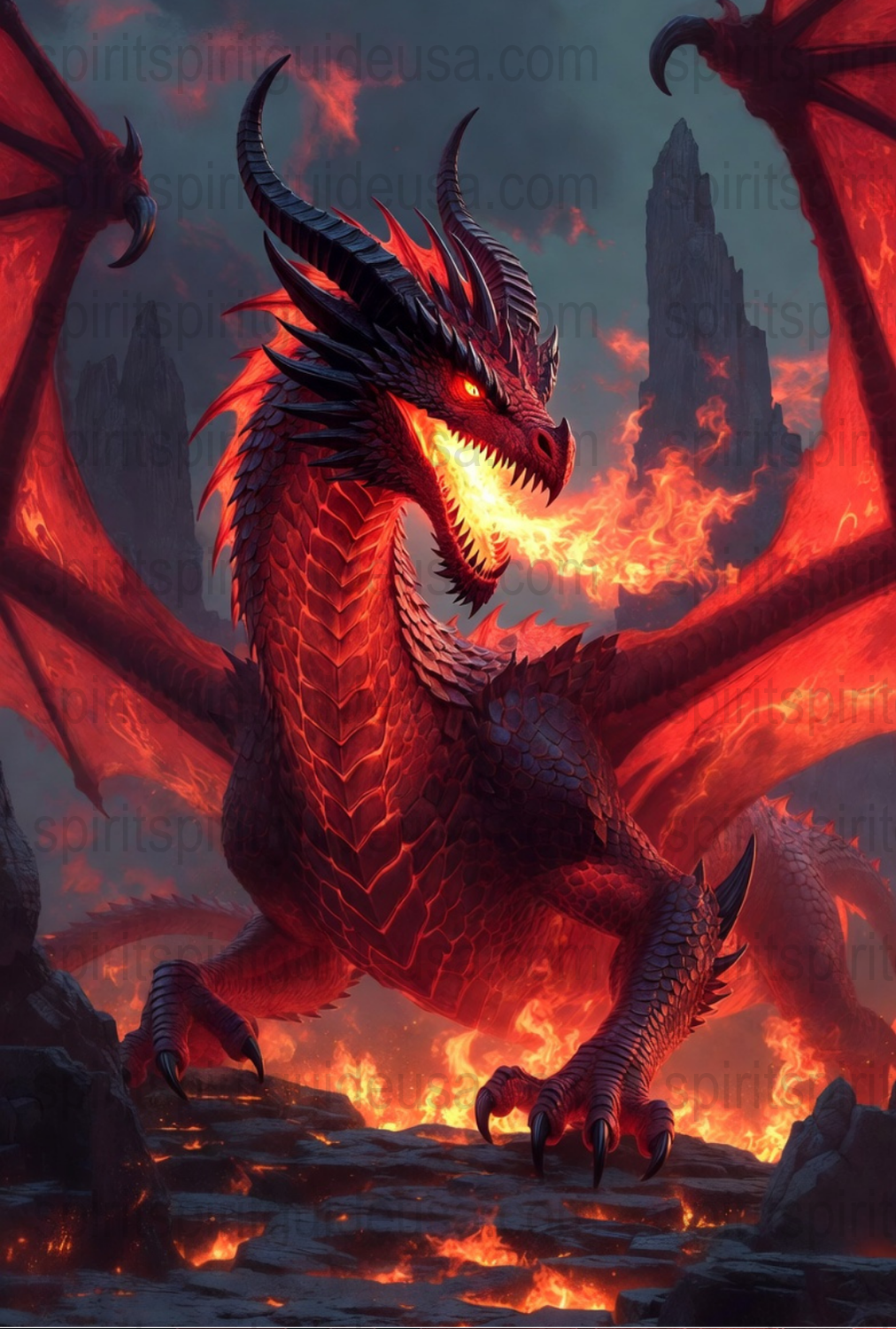 Red Dragon Poster, Fantasy Wall Art, Mythical Creature Illustration, Epic Dragon Scene, Fire Background, Mystical Decor, Gift for Gamers