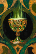 Vintage Celtic Chalice Painting, Ornate Gold and Green Cup Artwork, Medieval Style Decorative Wall Art, Unique Irish Inspired Home Decor