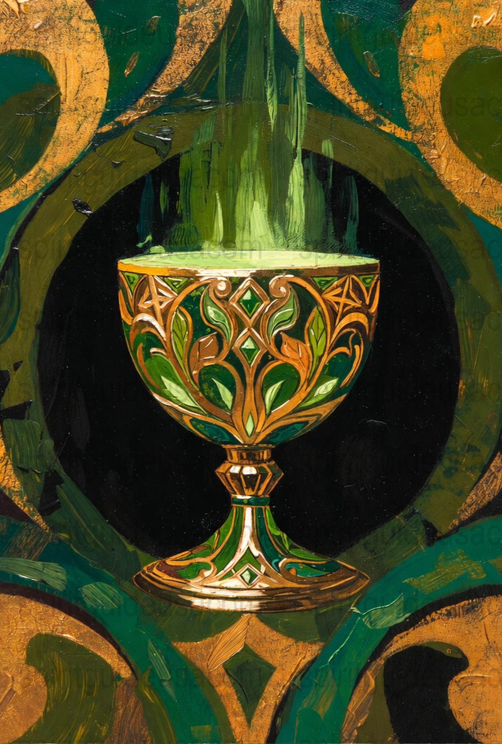 Vintage Celtic Chalice Painting, Ornate Gold and Green Cup Artwork, Medieval Style Decorative Wall Art, Unique Irish Inspired Home Decor