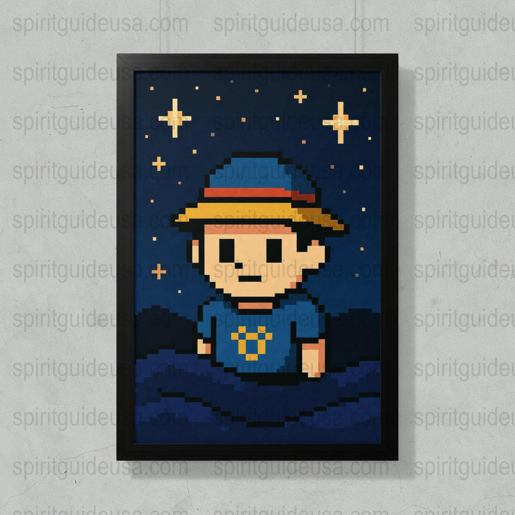 Pixel Art Print, Retro Video Game Style Character, Blue and Yellow Wall Art, Unique Geek Decor, Framed Pixel Poster for Gamers