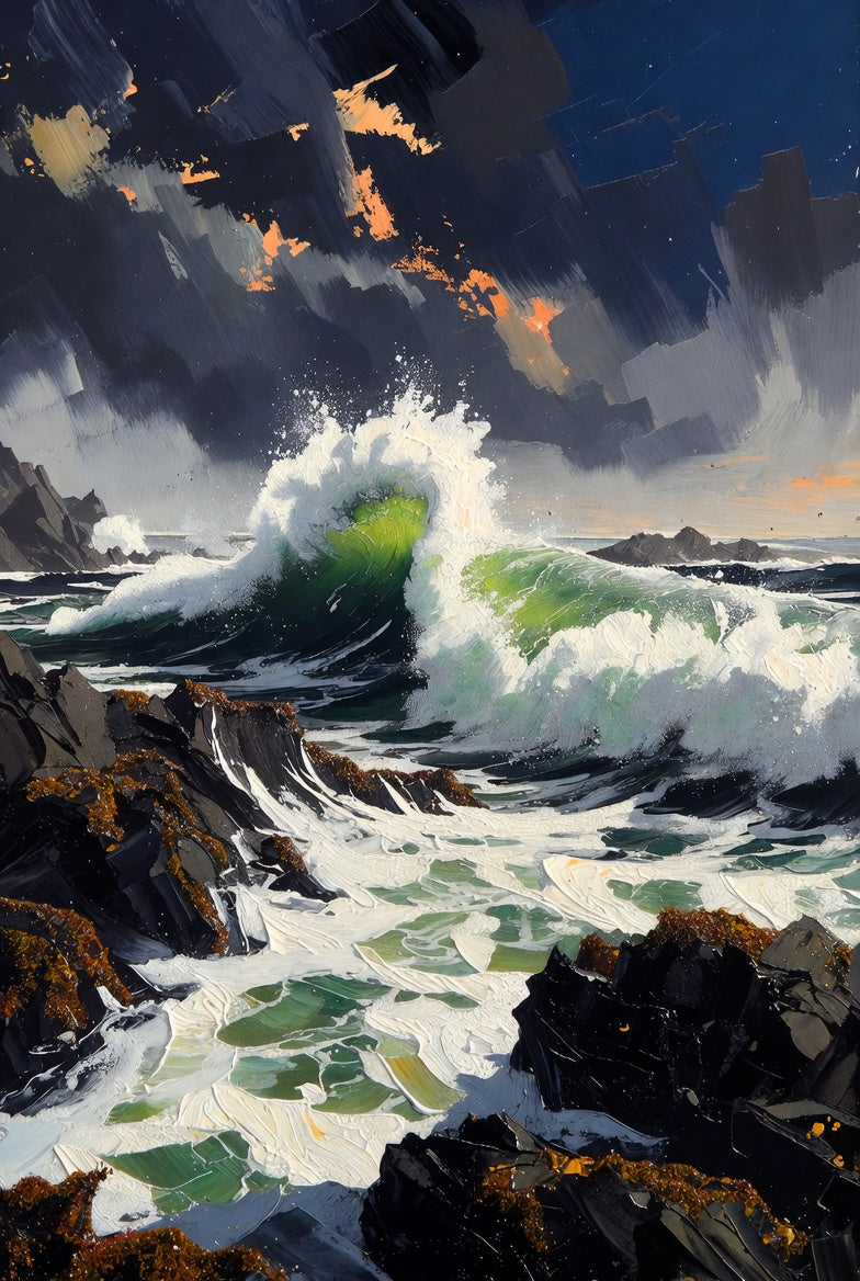 Ocean Wave Seascape Painting, Coastal Art Decor, Dramatic Sky and Waves, Original Impasto Artwork Canvas