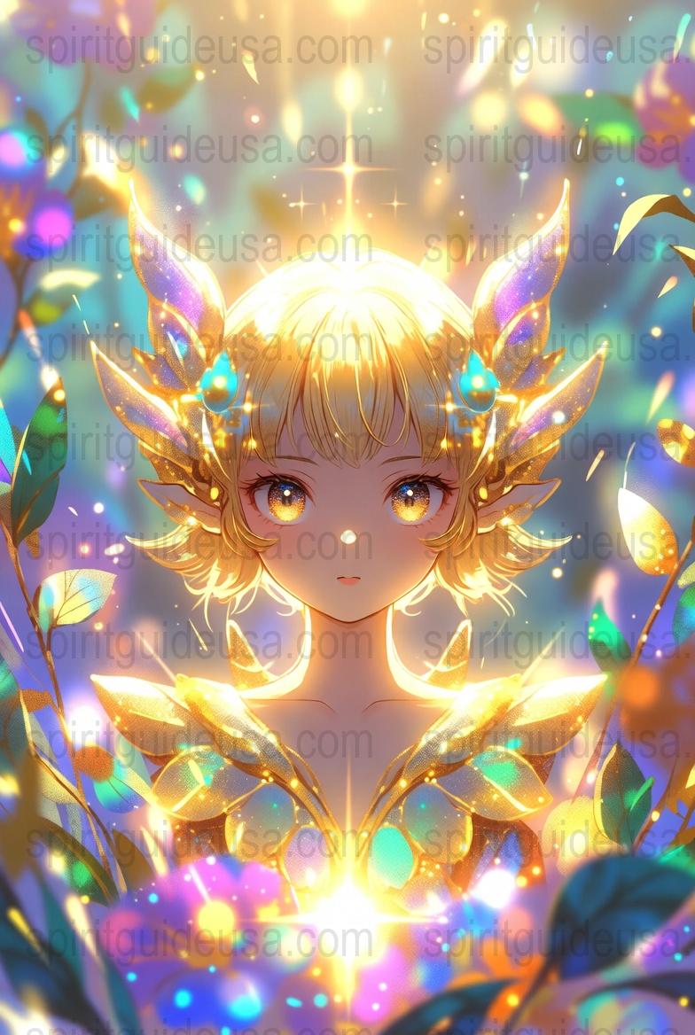 Anime Fantasy Art Print, Luminous Fairy Character with Golden Wings, Mystical Wall Decor, Vibrant Colors