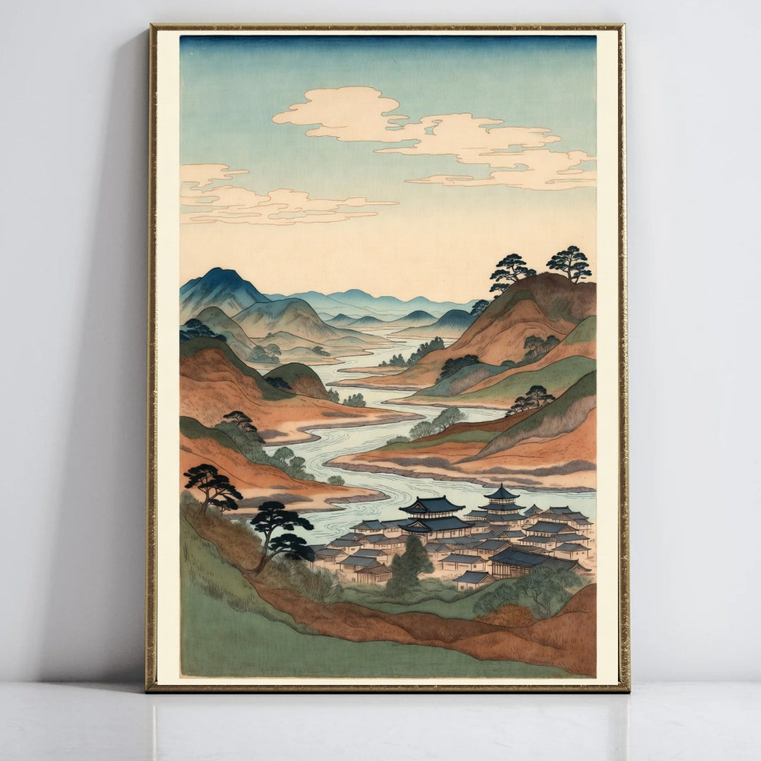 Vintage Japanese Landscape Art Print, Asian Wall Decor, Classic Scenery Poster, River and Mountains, Traditional Home Decoration