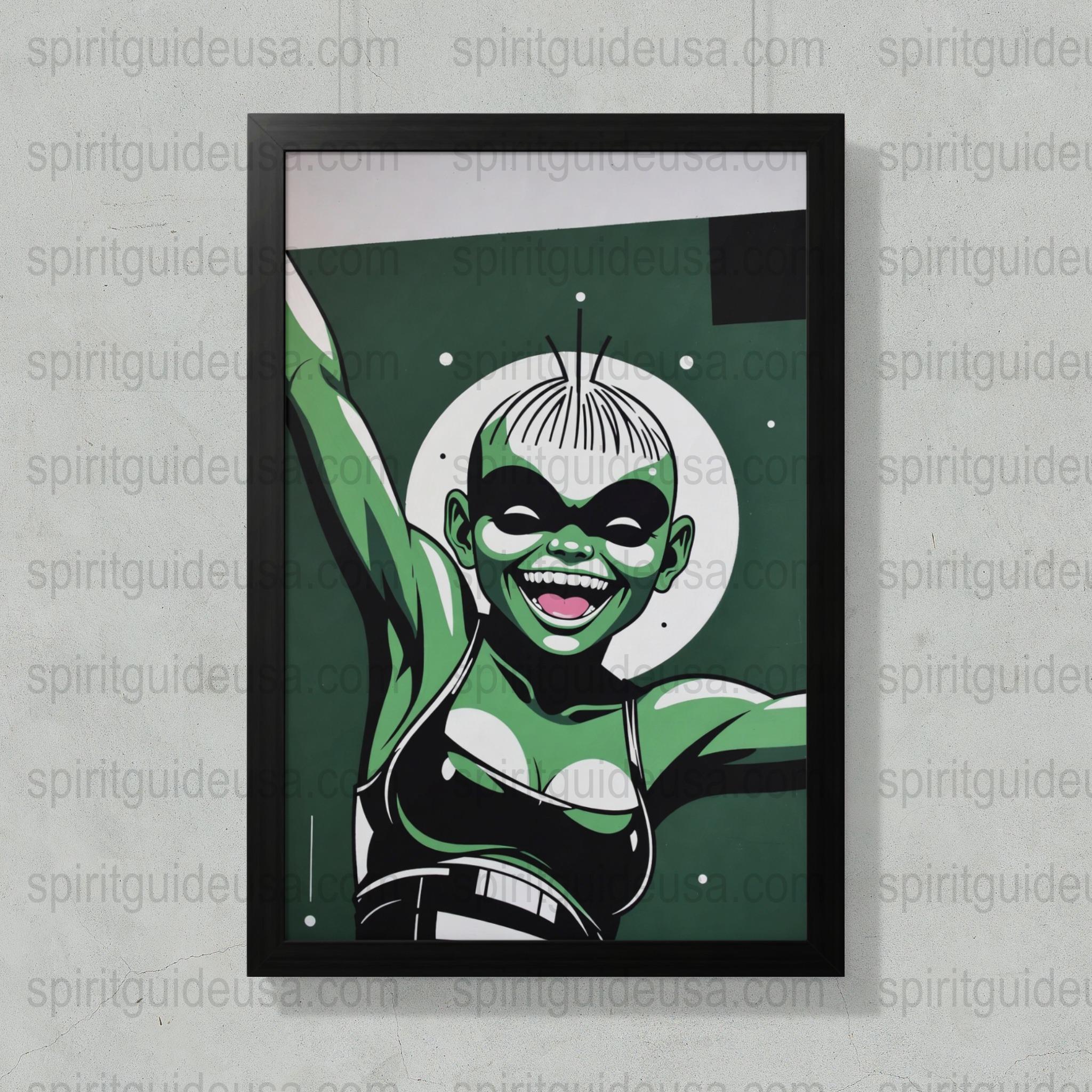 Vintage Comic Style Green Female Superhero Art Print, Framed Wall Decor, Unique Collectible Illustration, Gift Idea